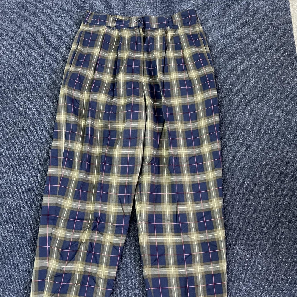 Vintage 90s Blue Plaid Pants Womens 26x28 Pleated‎ Dress Straight Leg Business